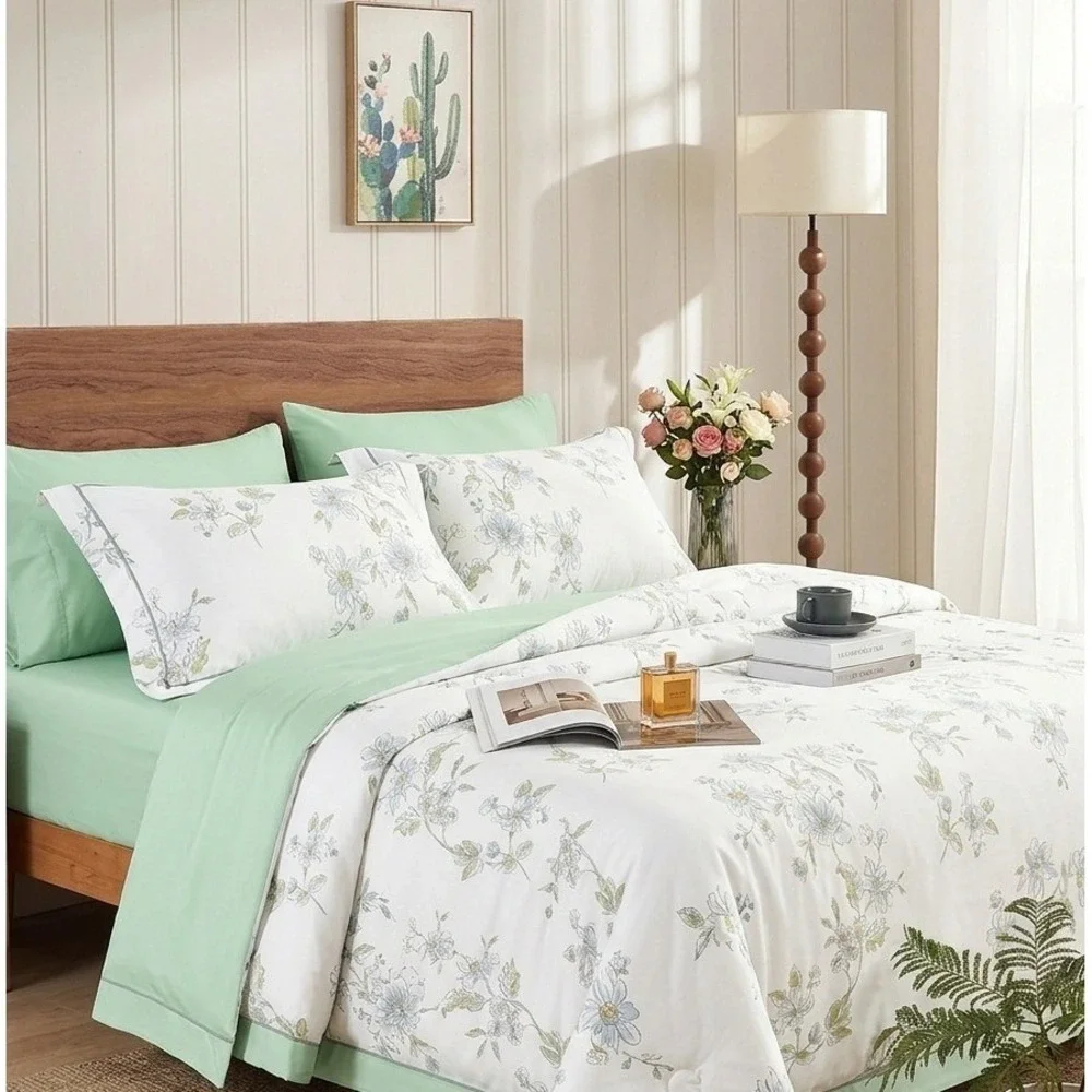 Julie Ann Floral‎ Green 7 pcs Oversized Comforter Set King Egyptian Cotton